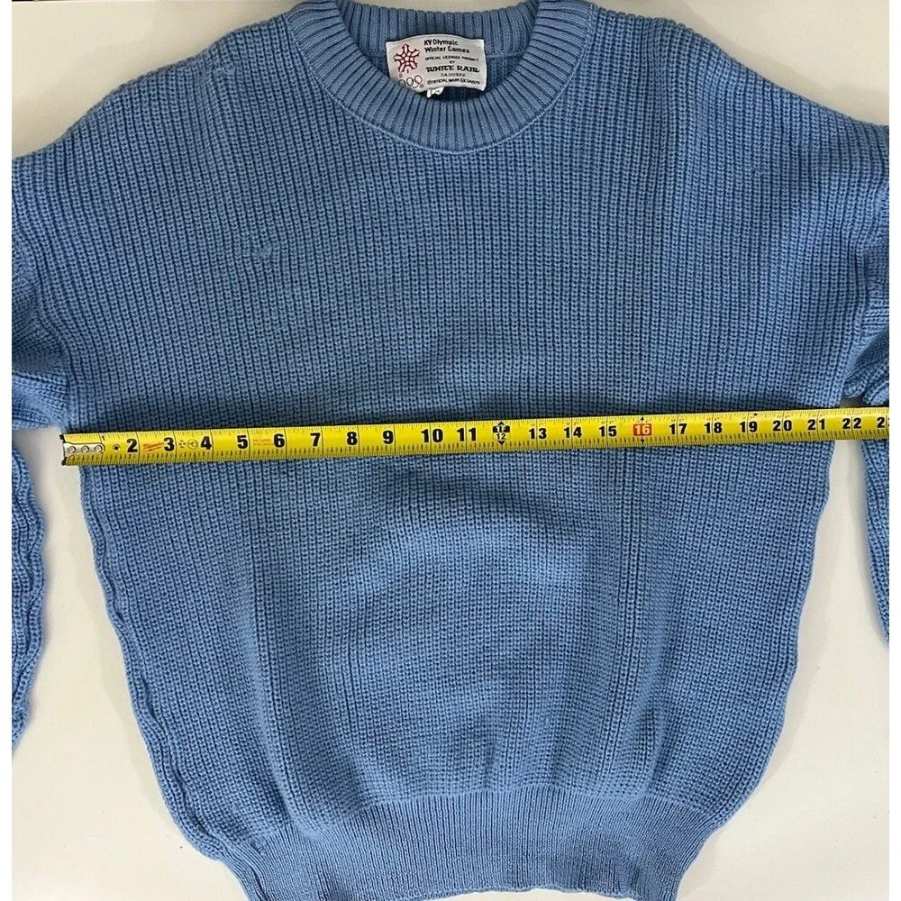 VTG 1988 Calgary XV Winter Olympics White Rail Sweater Light Blue Sz L 100% Wool